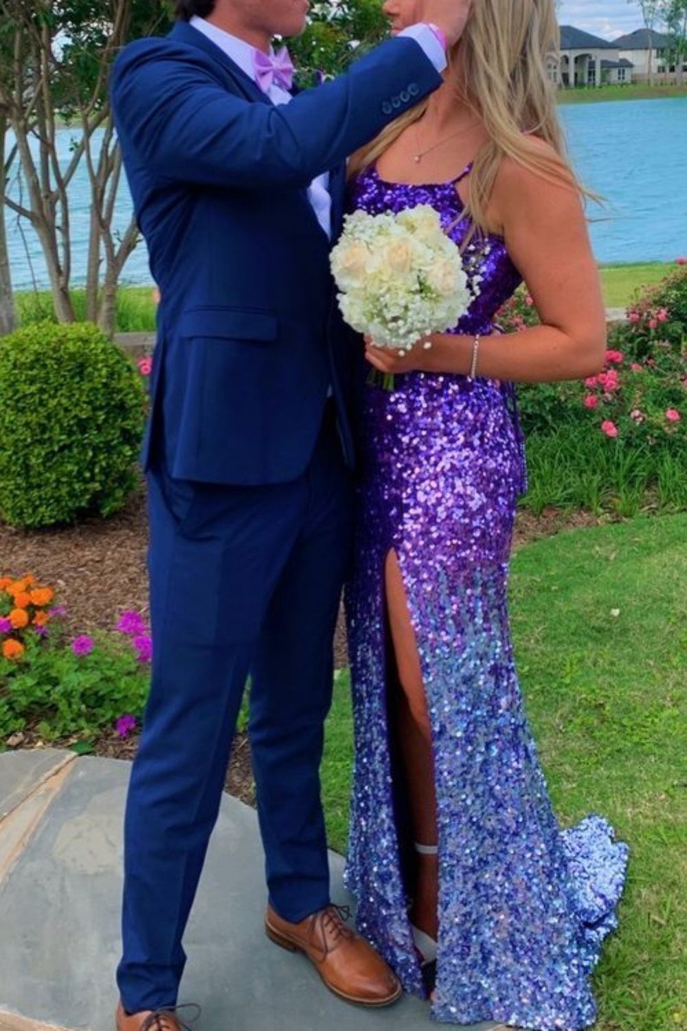 girlhomeshops-Gradient Charming Shiny Long Slit Sequin Long Simple And Fashionable Graduation Dress gh5870