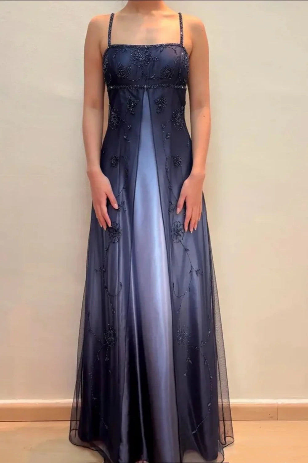 girlhomeshops-Navy Blue Formal Evening Gown With Delicate Beading Details, Long Chiffon Satin Fabric gh6111