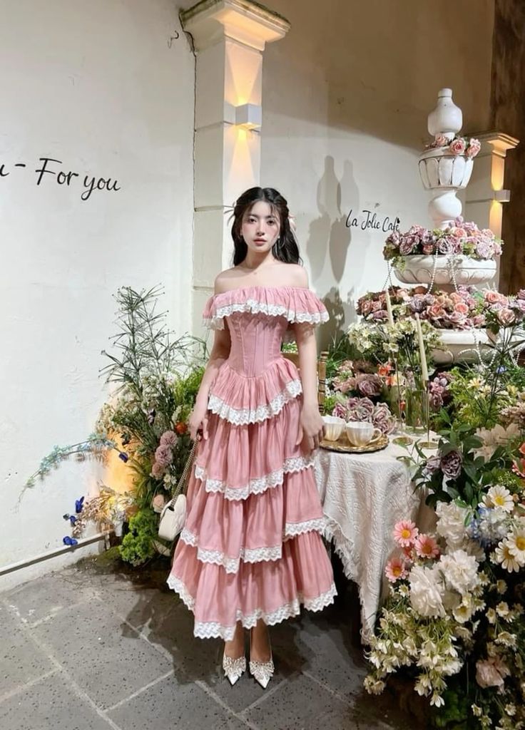 Robe de soirée longue à volants, élégante et délicate, en dentelle, style corset, rose, pour invité de mariage ou fête d'anniversaire, gh4128