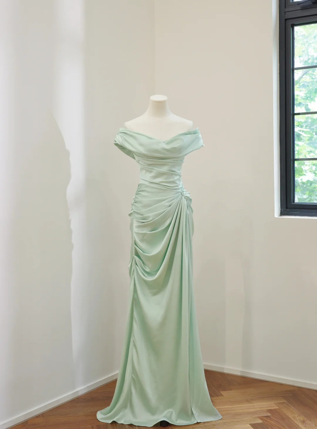Girlhomeshops-Mint Green Simple Fashion Off Shoulder Long Satin Prom Dress Evening Dress Party Dress Bridesmaid Dress gh5057