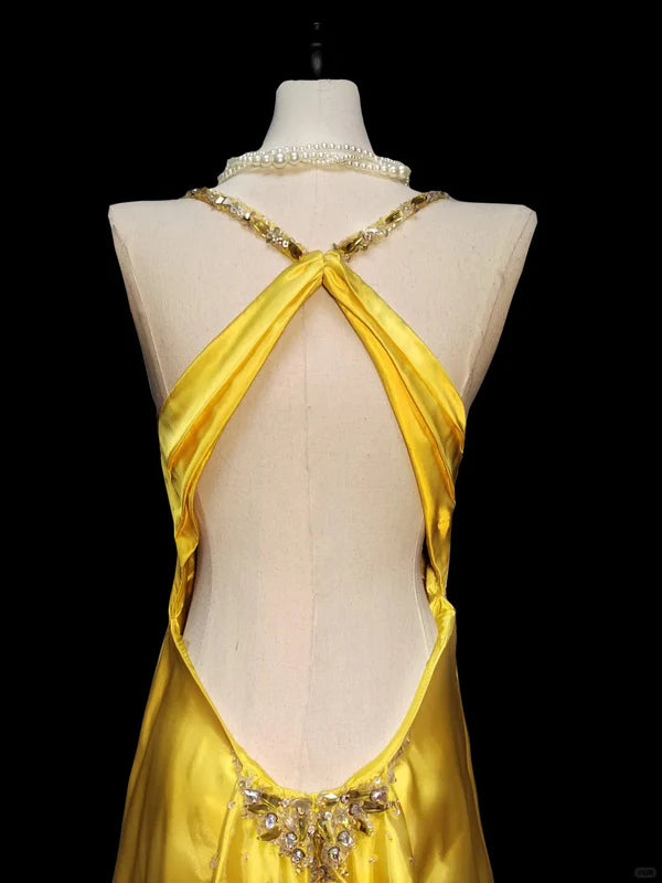 Yellow Fashion Elegant V-neck Exquisite Gem Long Mermaid Slim Fishtail Skirt Satin Floor Length Train Ball Gown Evening Gown Party Gown Prom Dress gh3820