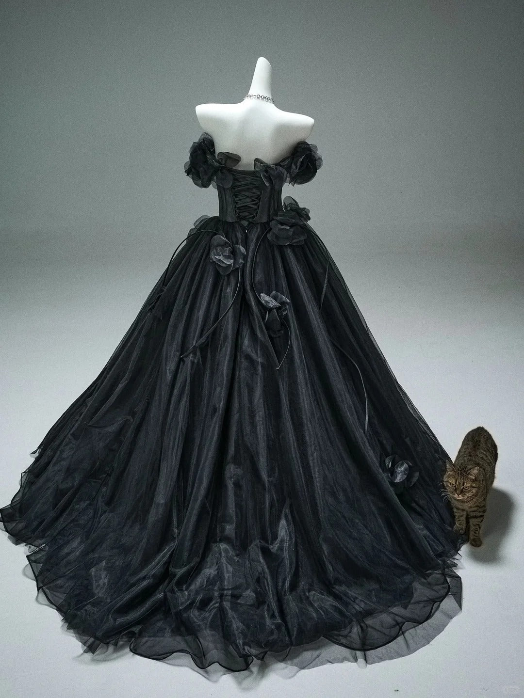 Superbe robe de soirée noire élégante et délicate à fleurs appliquées, longue en tulle, longueur au sol, robe de bal, robe de remise de diplôme, robe de bar-mitsva, robe de mariée gh3842