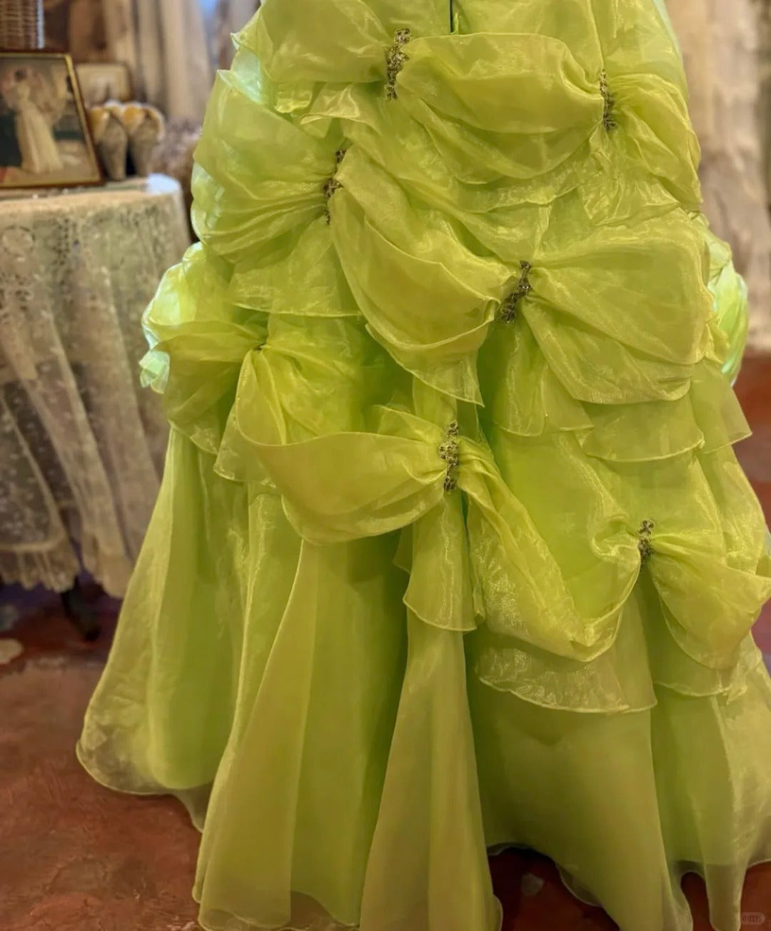 Girlhomeshops-Green beaded long tulle vintage elegant ball gown evening dress gh5044