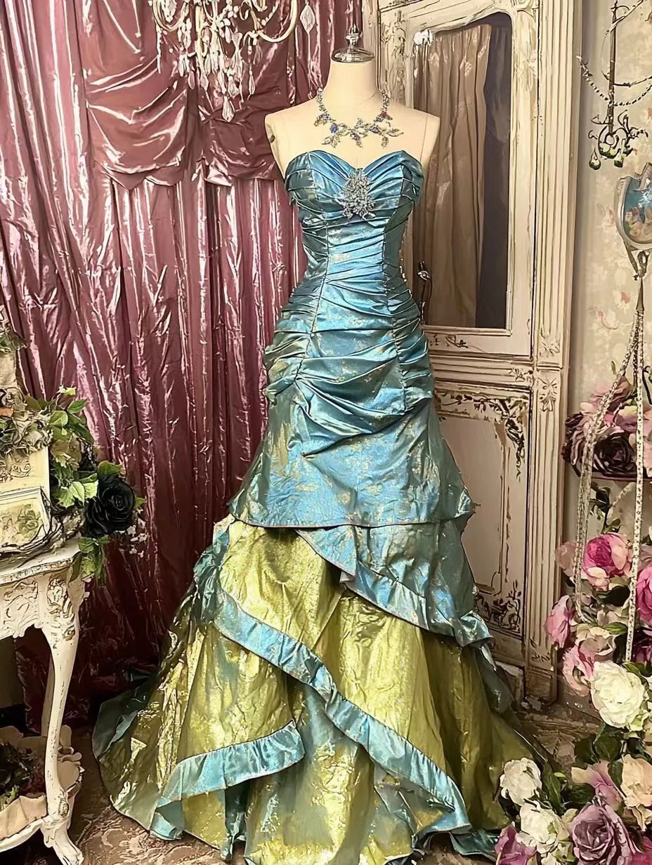Blue Green Fashion Gradient Gorgeous Elegant Long Satin Ruffle Ball Gown Evening Dress Party Dress gh4171