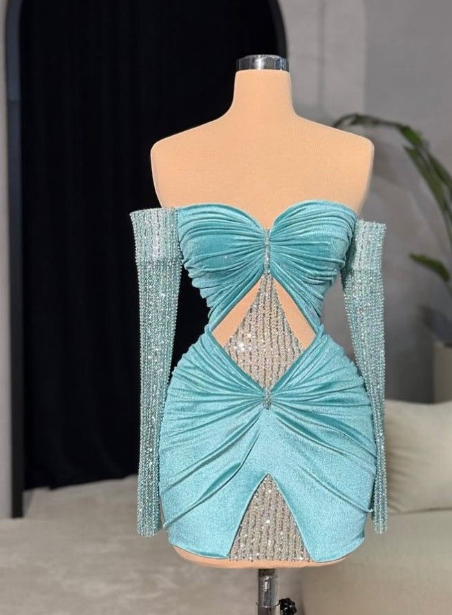 Girlhomeshops-Blue exquisite beaded short velvet long sleeve homecoming dress birthday party dress gh5428