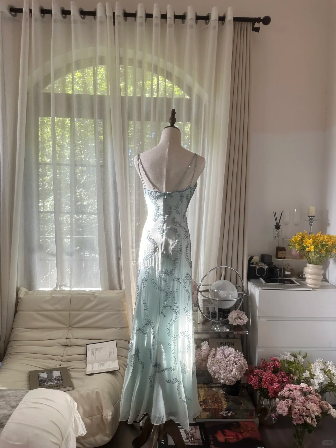 Hellblaues, wunderschönes, funkelndes, modisches, elegantes, exquisites, perlenbesetztes, langes Chiffon-Ballkleid mit Feenmotiv, Abendkleid für Geburtstage/Hochzeitsgäste/Urlaubspartys, Ballkleid, Valentinstags-Date-Kleid, gh4036