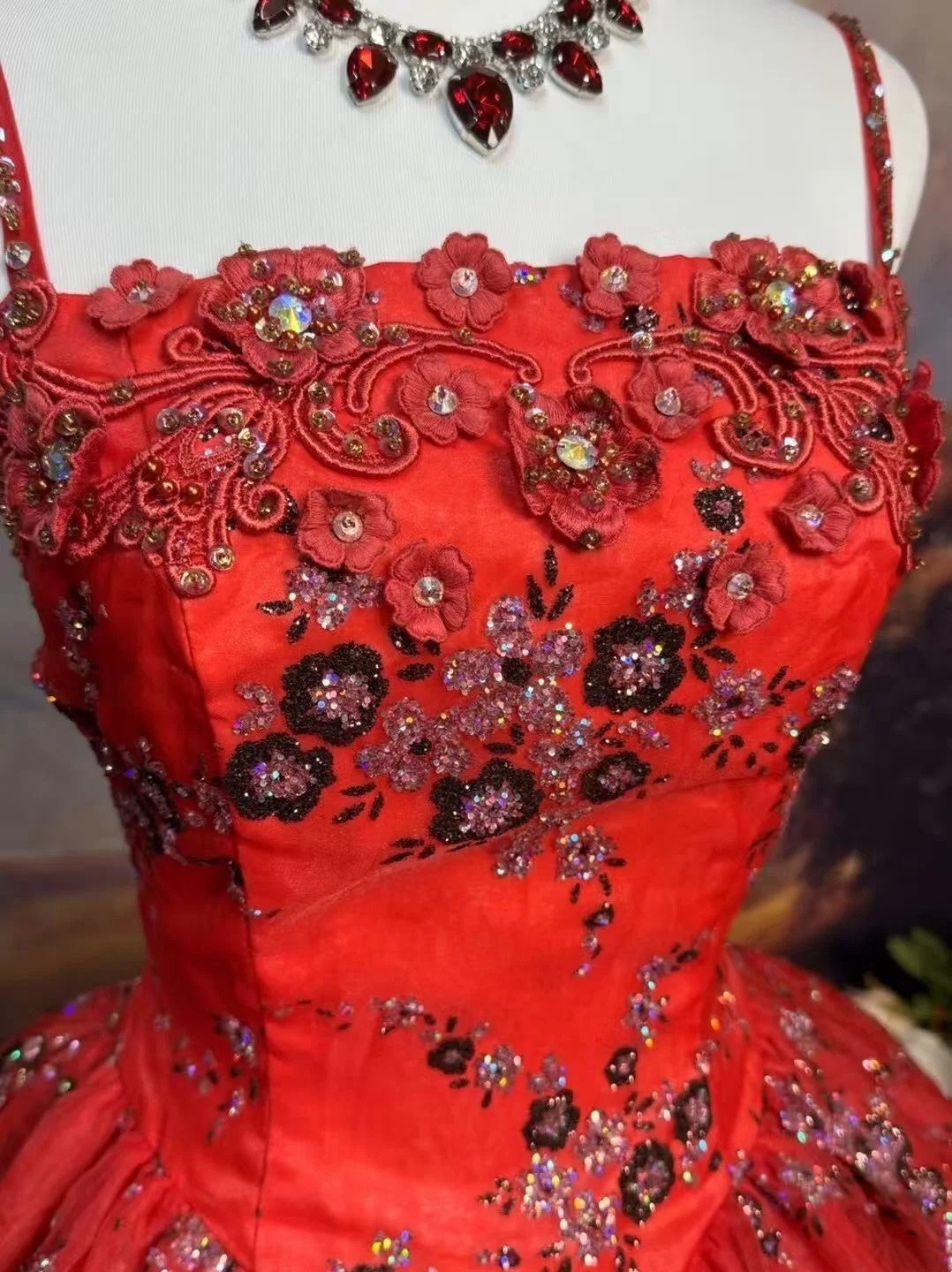 girlhomeshops-Red, Delicately Beaded, Floral Long Tulle Ball Gown gh6292