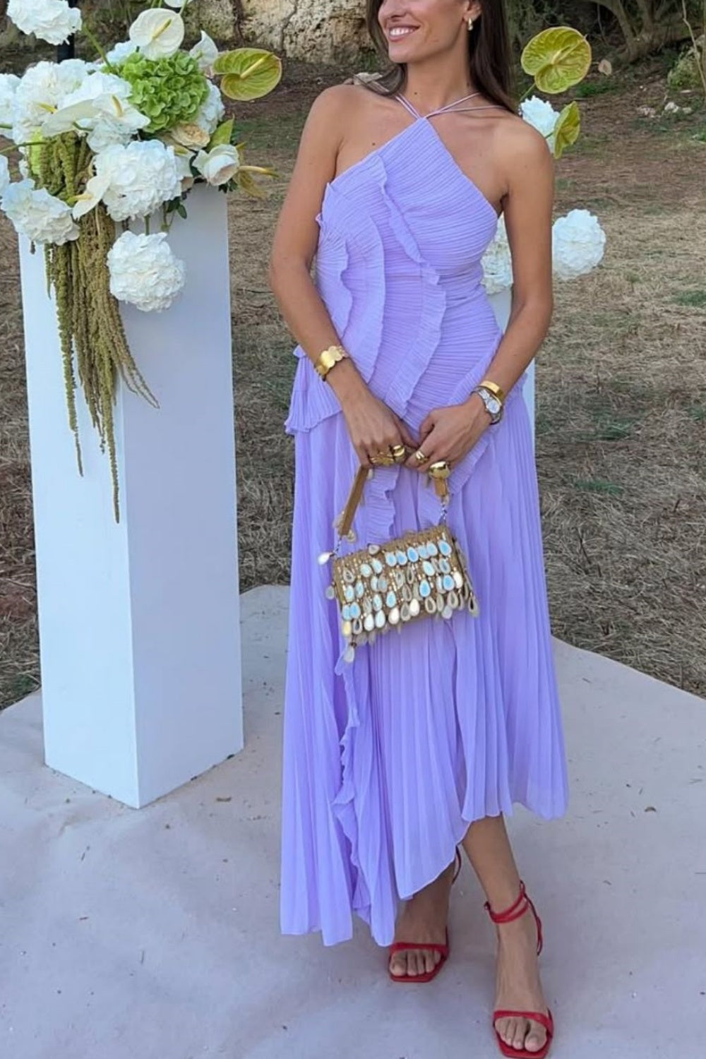 girlhomeshops-Light Purple Halter Neck Sleeveless Pleated Maxi Evening Dress with Ruffle Details gh5820