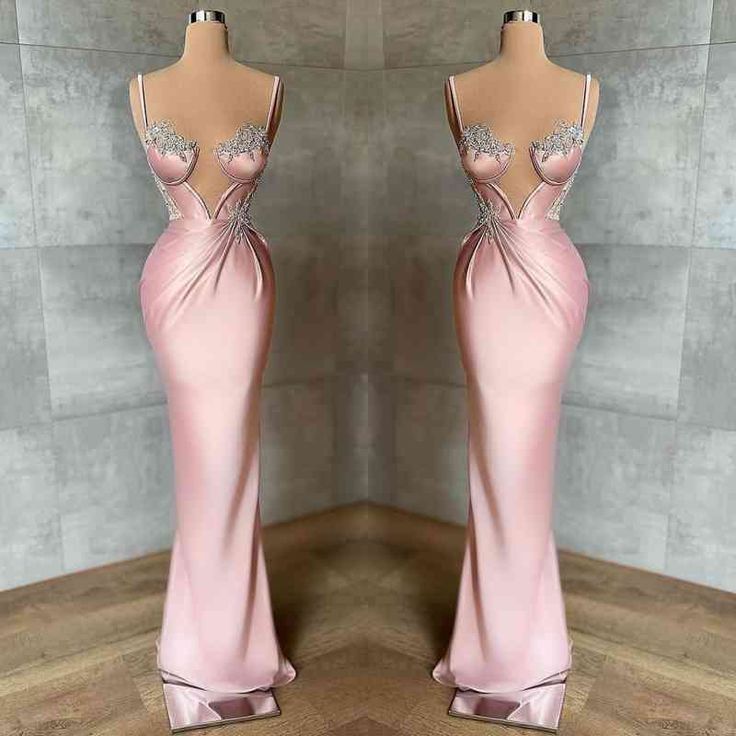 Girlhomeshops-Pink Beaded Elegant Long Satin Ball Gown Evening Dress Party Dress gh5030