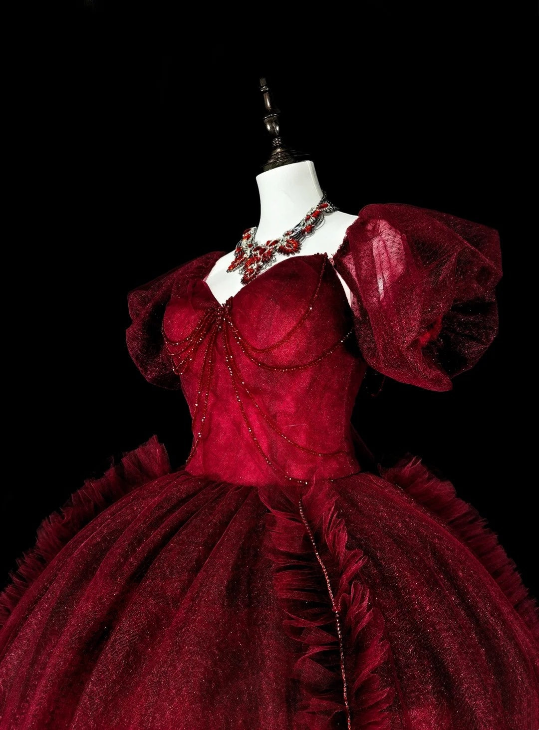 girlhomeshops-Burgundy Retro Sparkling Short-Sleeved Long Tulle Ball Gown gh6134