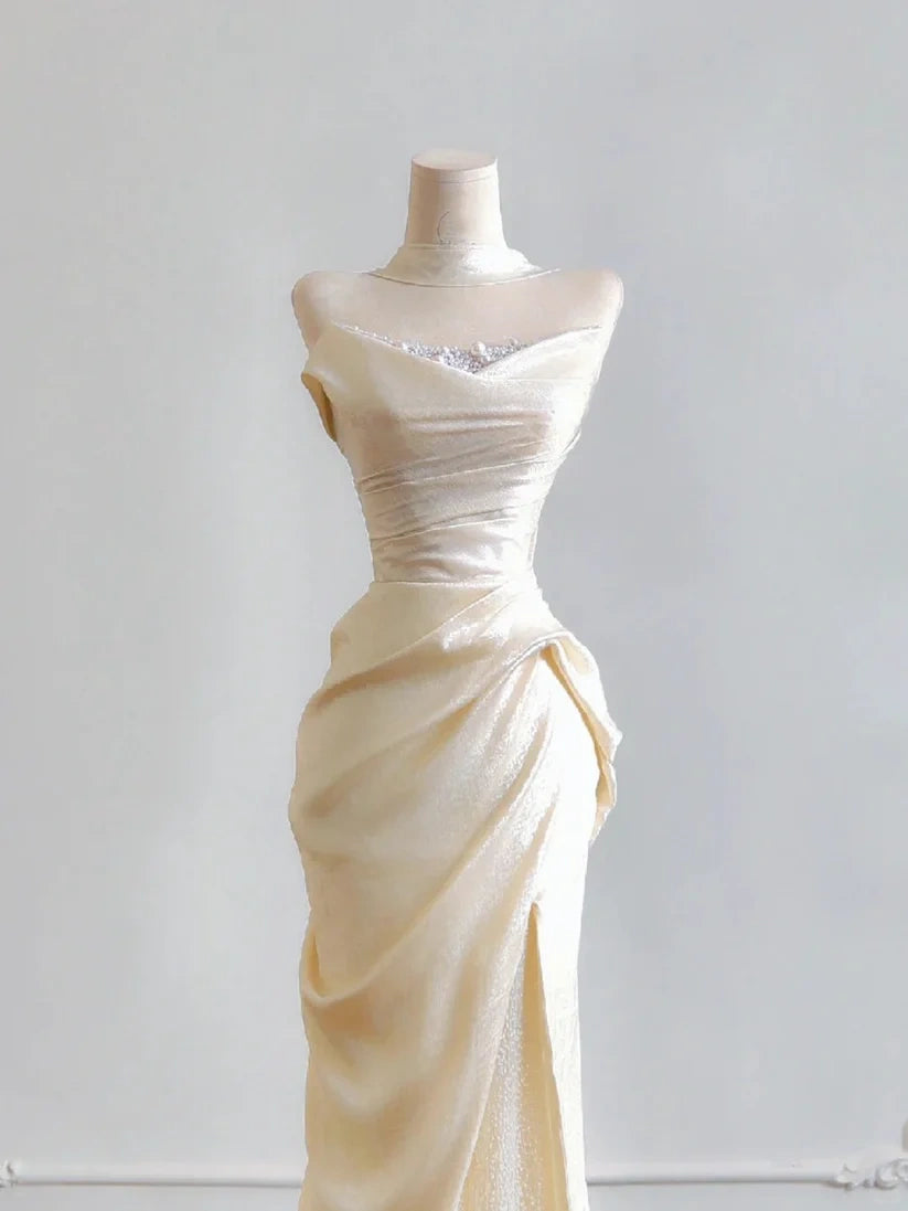 Girlhomeshops--✨Cream yellow long satin prom dress gh5480