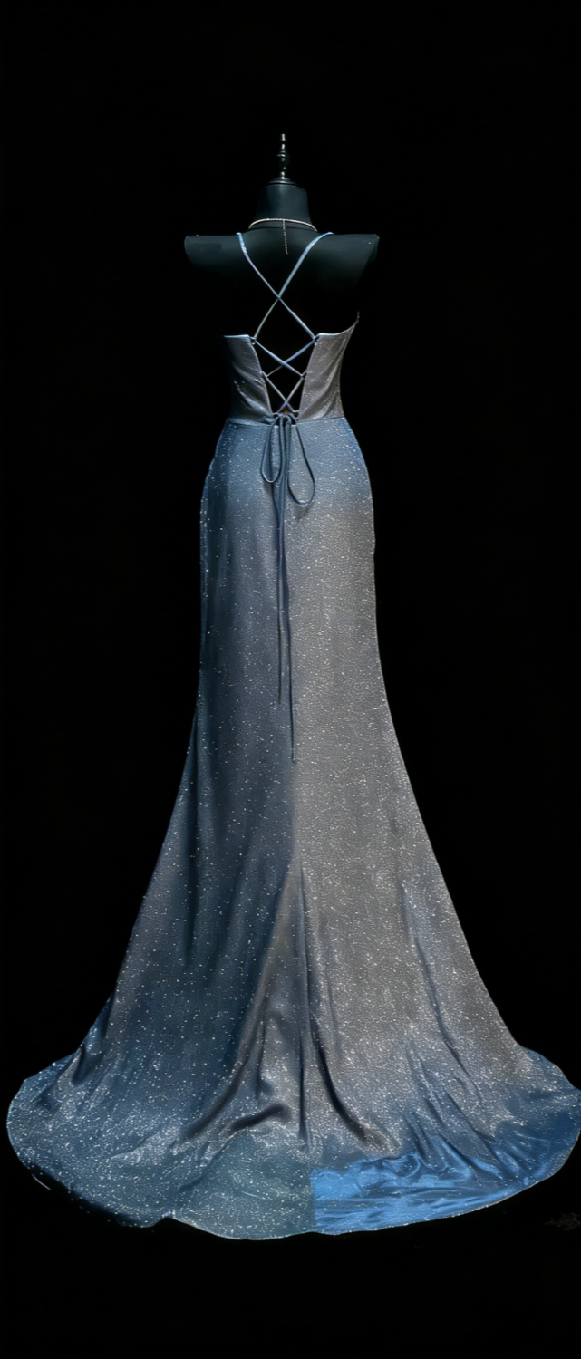 Galaxy Iridescent Style Blue Shimmer Halter Mermaid Gown - Starlight Theme Dinner & Red Carpet Dress gh6570