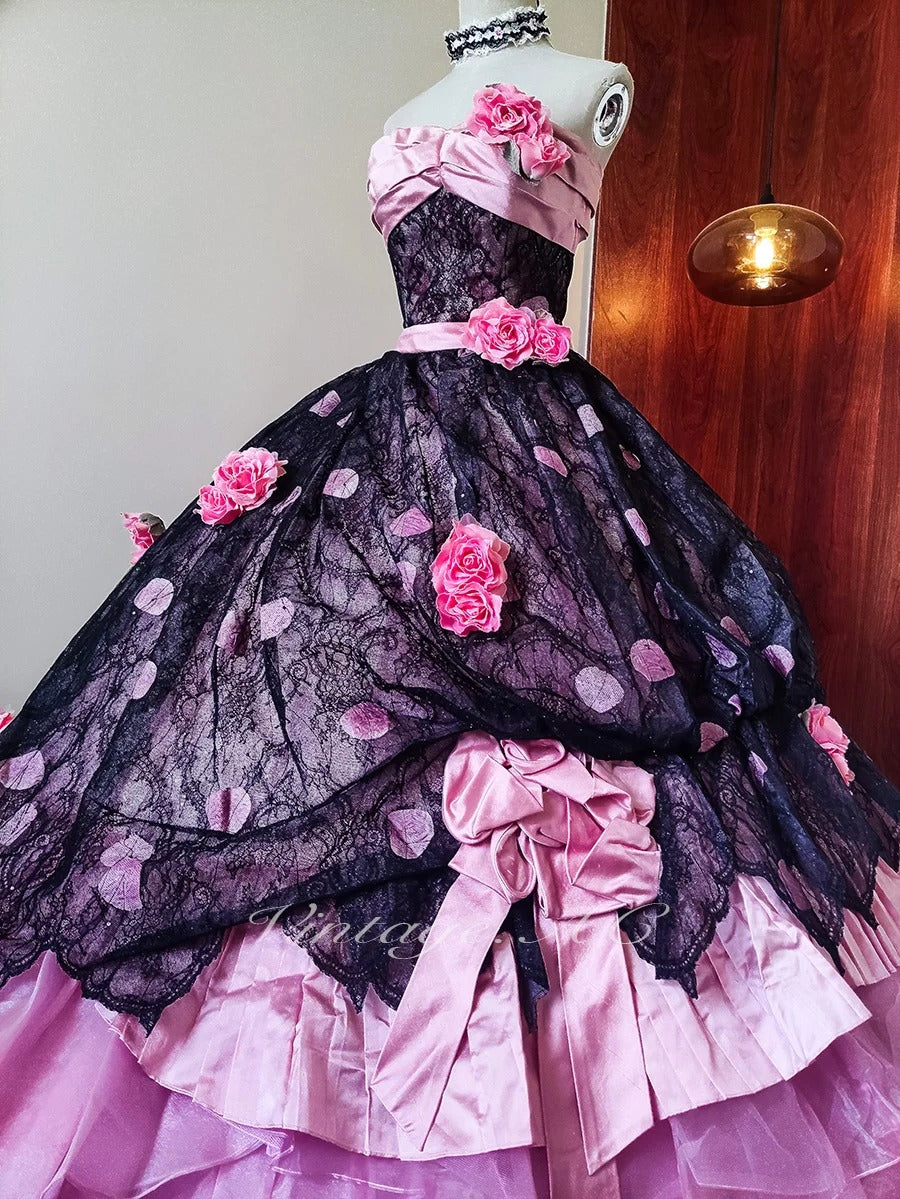 Girlhomeshops - Rosa Blumenspitze Tüll Bodenlanges Ballkleid gh5302