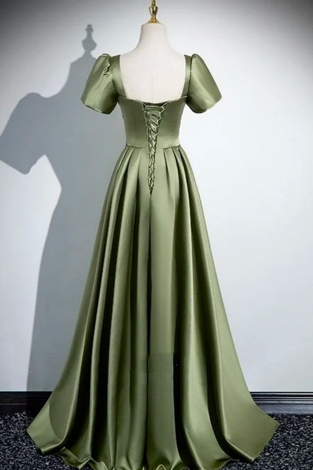 Vintage Olive Green - Square Neck Puff Sleeve Satin Gown, Waisted Flare Socialite Evening Dress gh7074