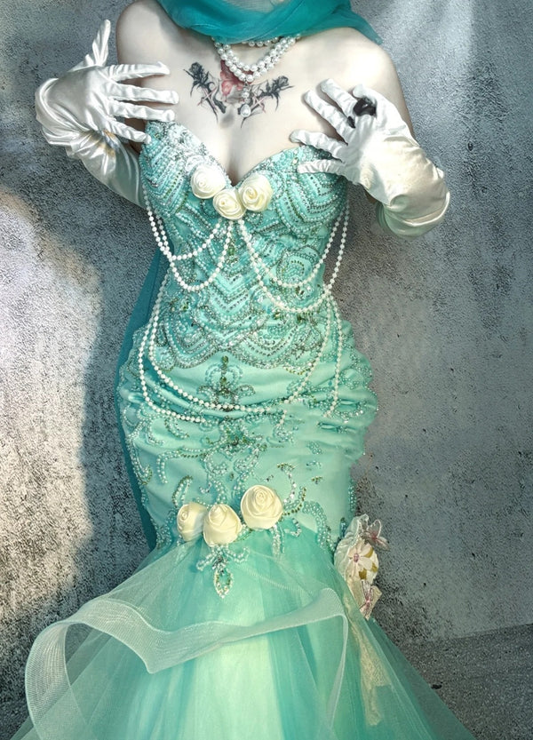 Robe de soirée longue en satin bleu, magnifique et exquise, avec perles, gh4502