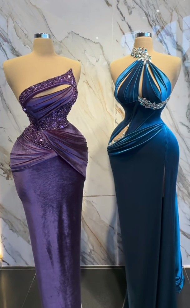 Girlhomeshops-Blue beaded long satin mermaid fitted prom dress evening gown party dress gh4998