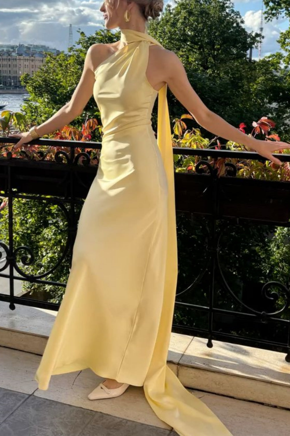 girlhomeshops-Gelb Elegante Einfache Lange Chiffon Satin Brautjungfer Kleid gh5955