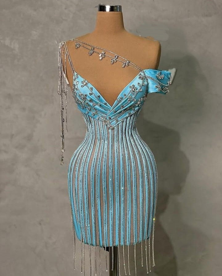 Girlhomeshops-Blue exquisite beaded short satin homecoming dress birthday party dress cocktail party dress gh5429