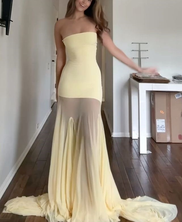 girlhomeshops-Gelb Elegante Meerjungfrau Schlank Lange Chiffon Ballkleid Abschlusskleid gh5930