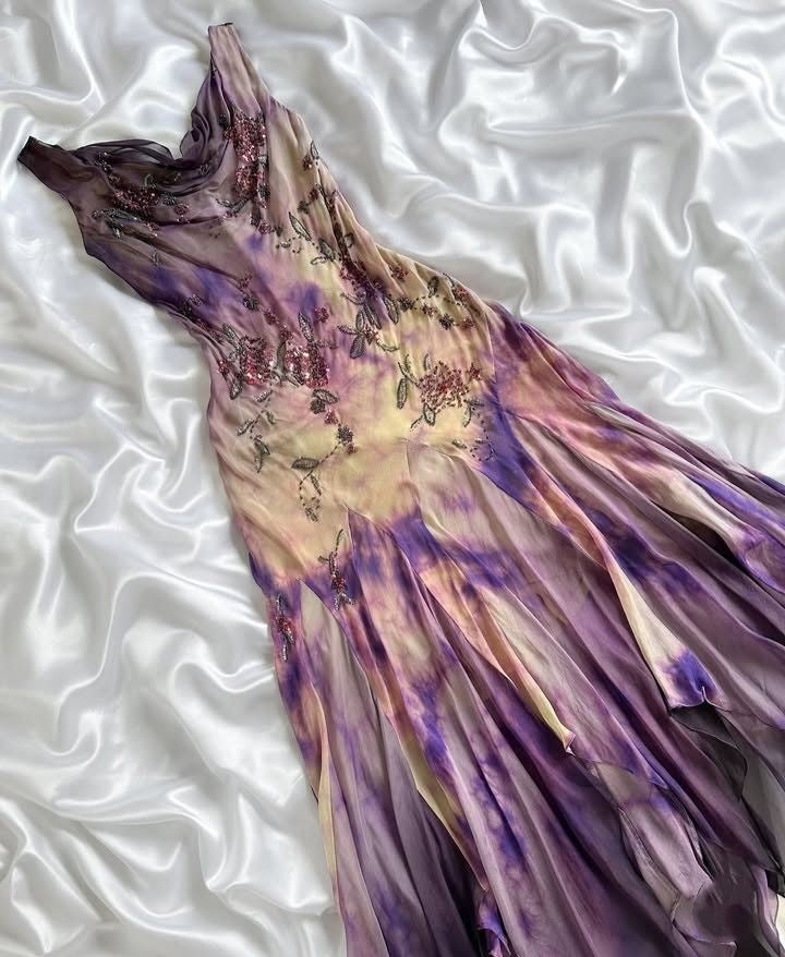 Girlhomeshops - Robe longue en mousseline de soie à fleurs, dégradé violet, exquise, pour un week-end, une soirée, une robe populaire, robe de fée gh5660