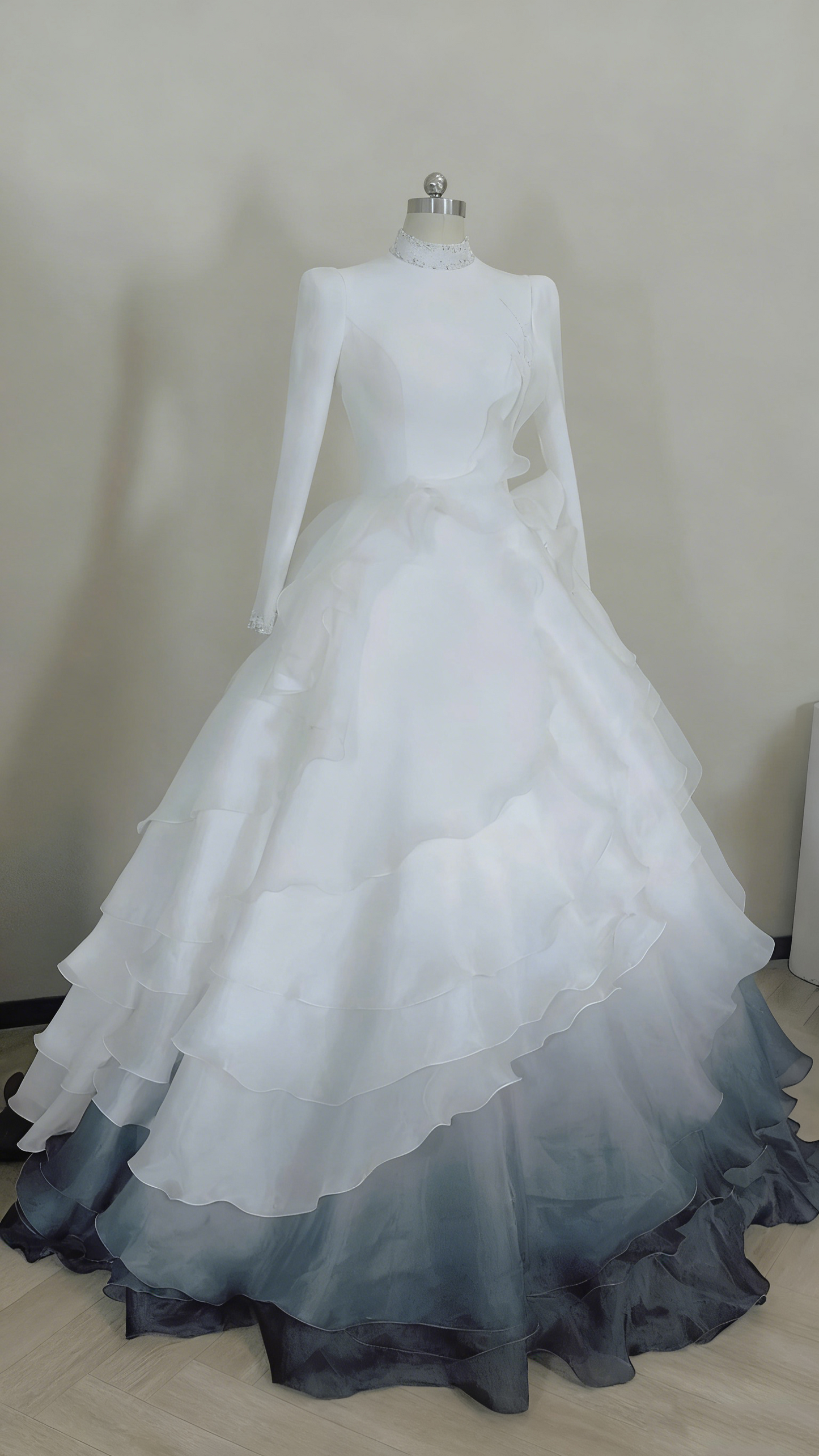 Formal Dress White-Blue Gradient Tulle High-Neck Long-Sleeve Tiered Train Gown Wedding Dress gh6390