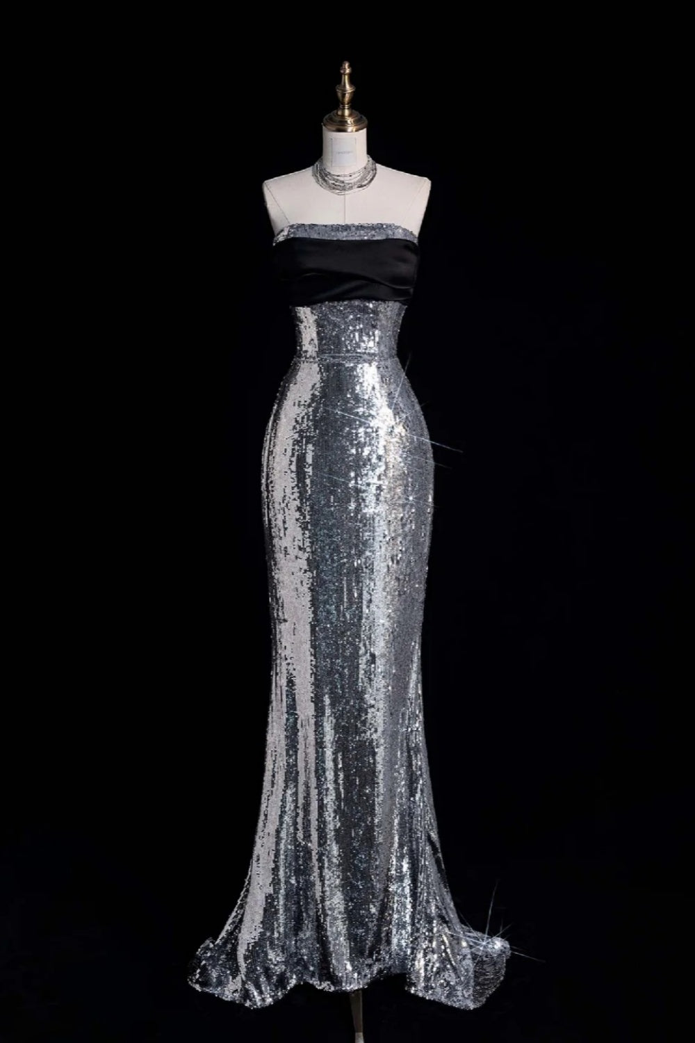 Silver-Black Gradient Sequin Strapless Mermaid Maxi Evening Gown gh6753