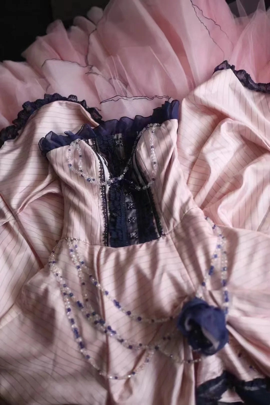 girlhomeshops-Sleeveless Pink - Blue Contrast Lace - decorated Puff dress, Retro Court - style Satin Floor - length Evening Dress gh5830