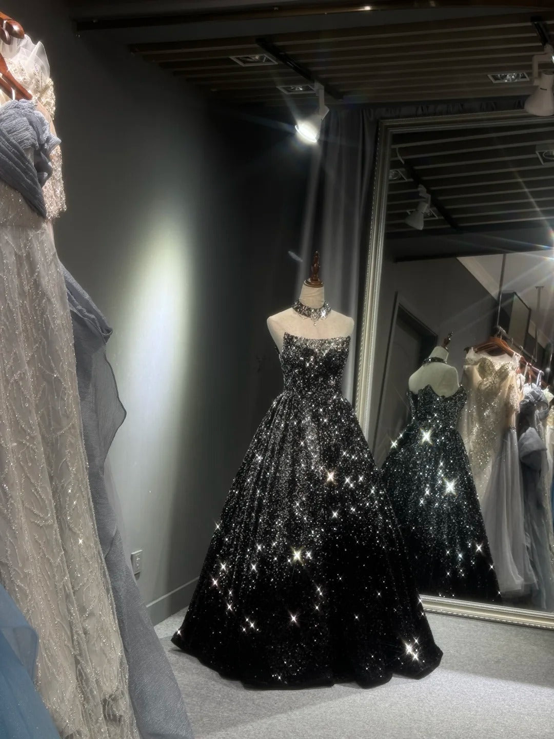 Girlhomeshops -Black silver gradient shimmering long sequined tulle ball gown evening dress gh5109