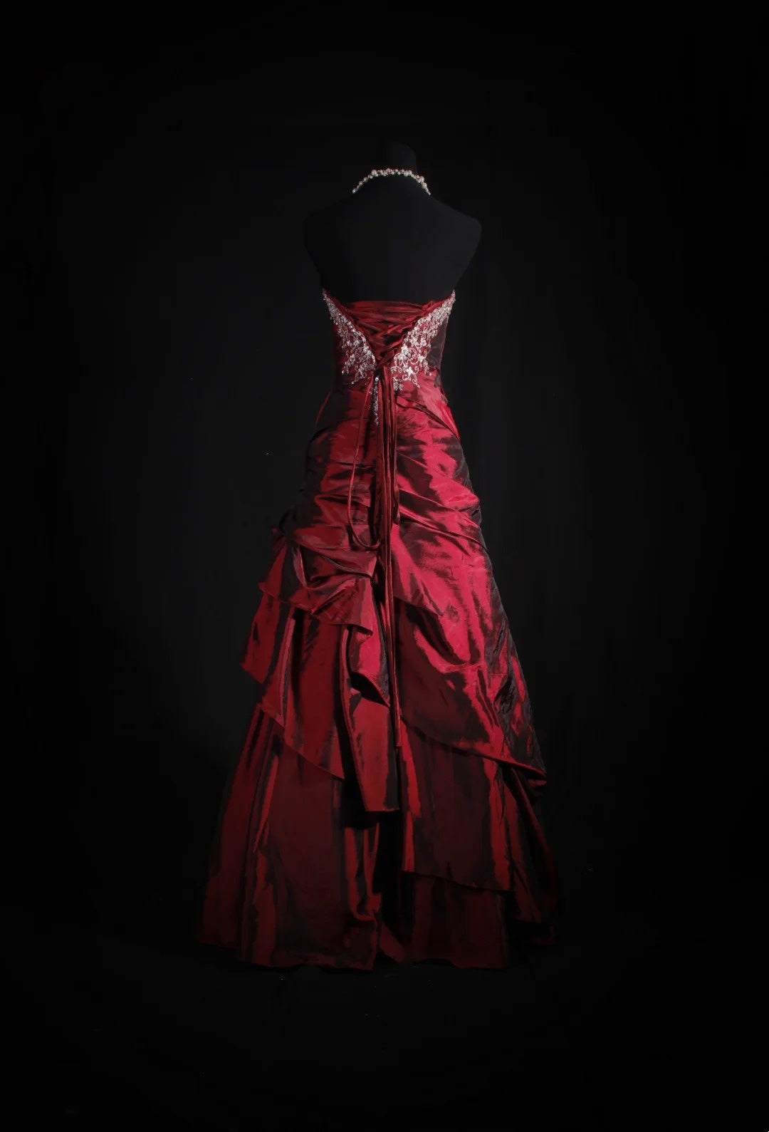 girlhomeshops-Burgundy Satin Beaded Strapless Sleeveless Floor-Length Ruffled Gown gh6316