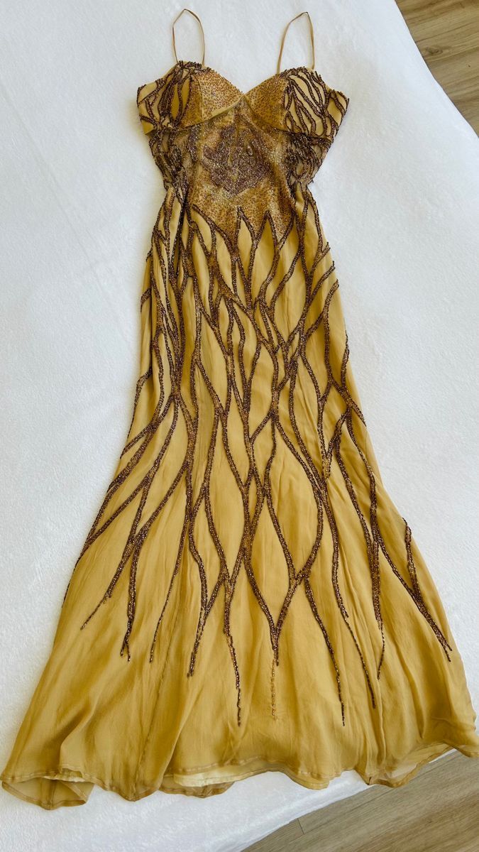 girlhomeshops-Vintage Gold-Brown Vine Sequin Spaghetti Strap Long Evening Gown gh6021