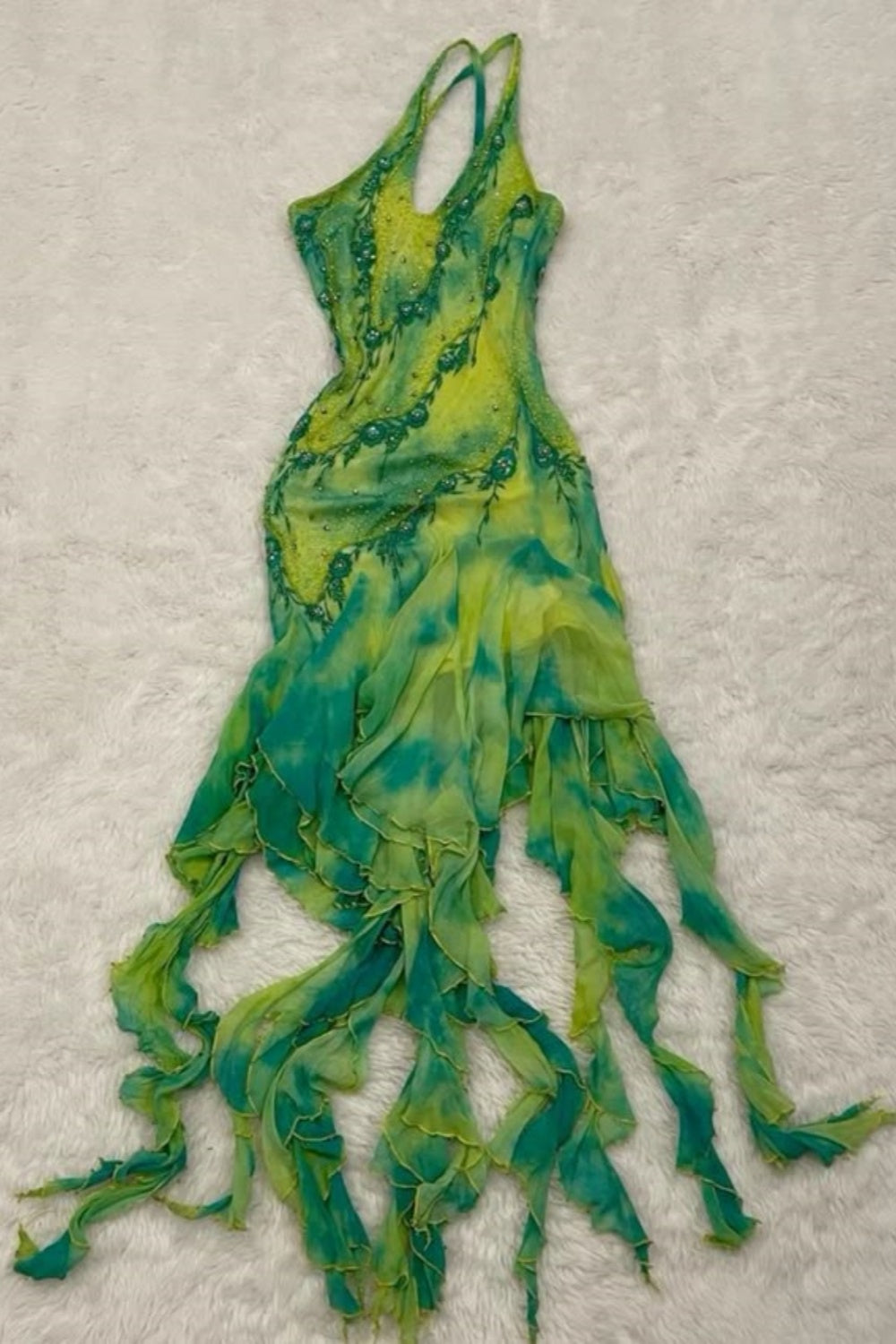 girlhomeshops - Robe longue en mousseline verte dégradée à motif floral exquis, idéale pour un anniversaire, un bal ou une soirée (gh5991)