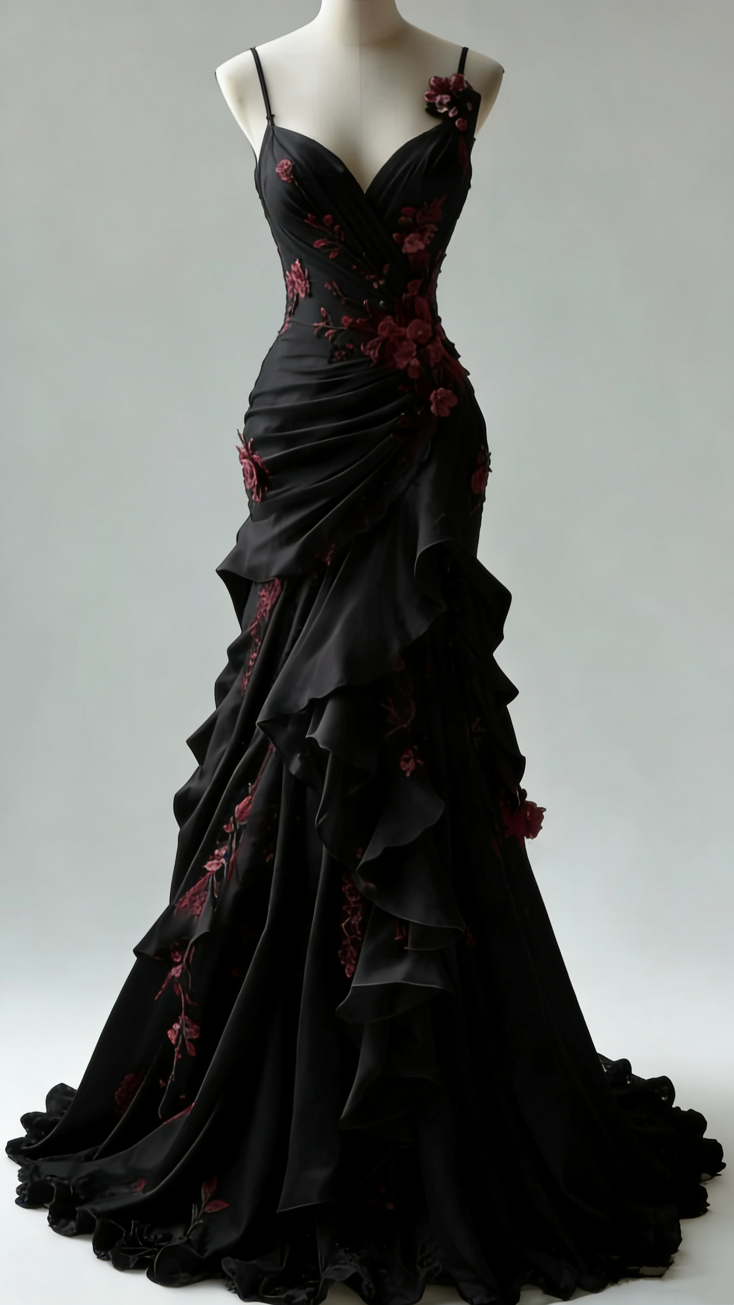 Dark Romantic Style Black-Red Rose Spaghetti-Strap Mermaid Gown - Dinner & Gothic Theme Party Dress gh6558