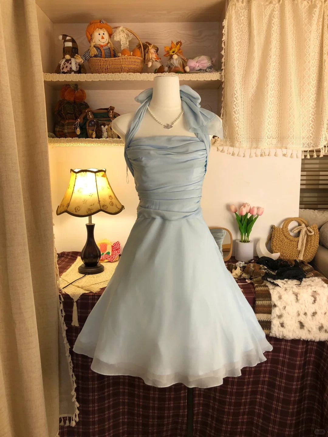 Robe de soirée courte en mousseline bleu clair, robe de soirée d'anniversaire gh4305