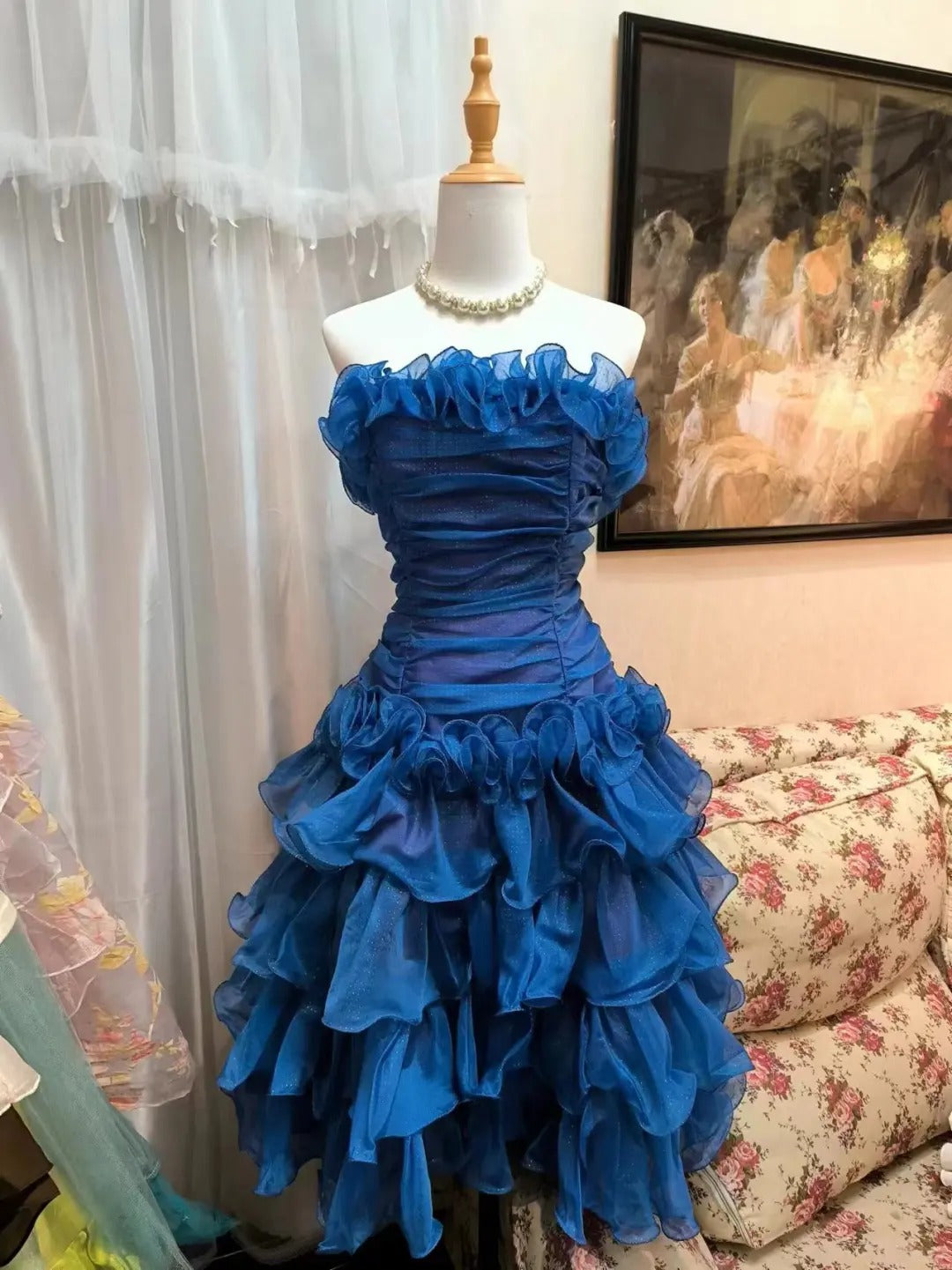 Blue Fashion Vintage Elegant Strap Short Layered Tulle Homecoming Dress Prom Dress Evening Dress Birthday Party Dress gh4151