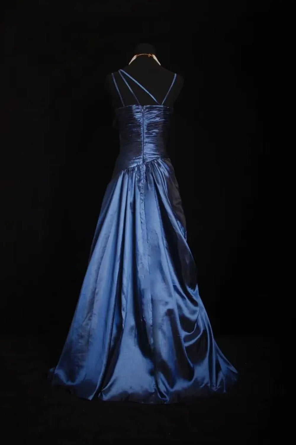 girlhomeshops-Navy Blue Satin Spaghetti Straps Floor-Length Sequin Beaded Big Bow Evening Gown gh6305