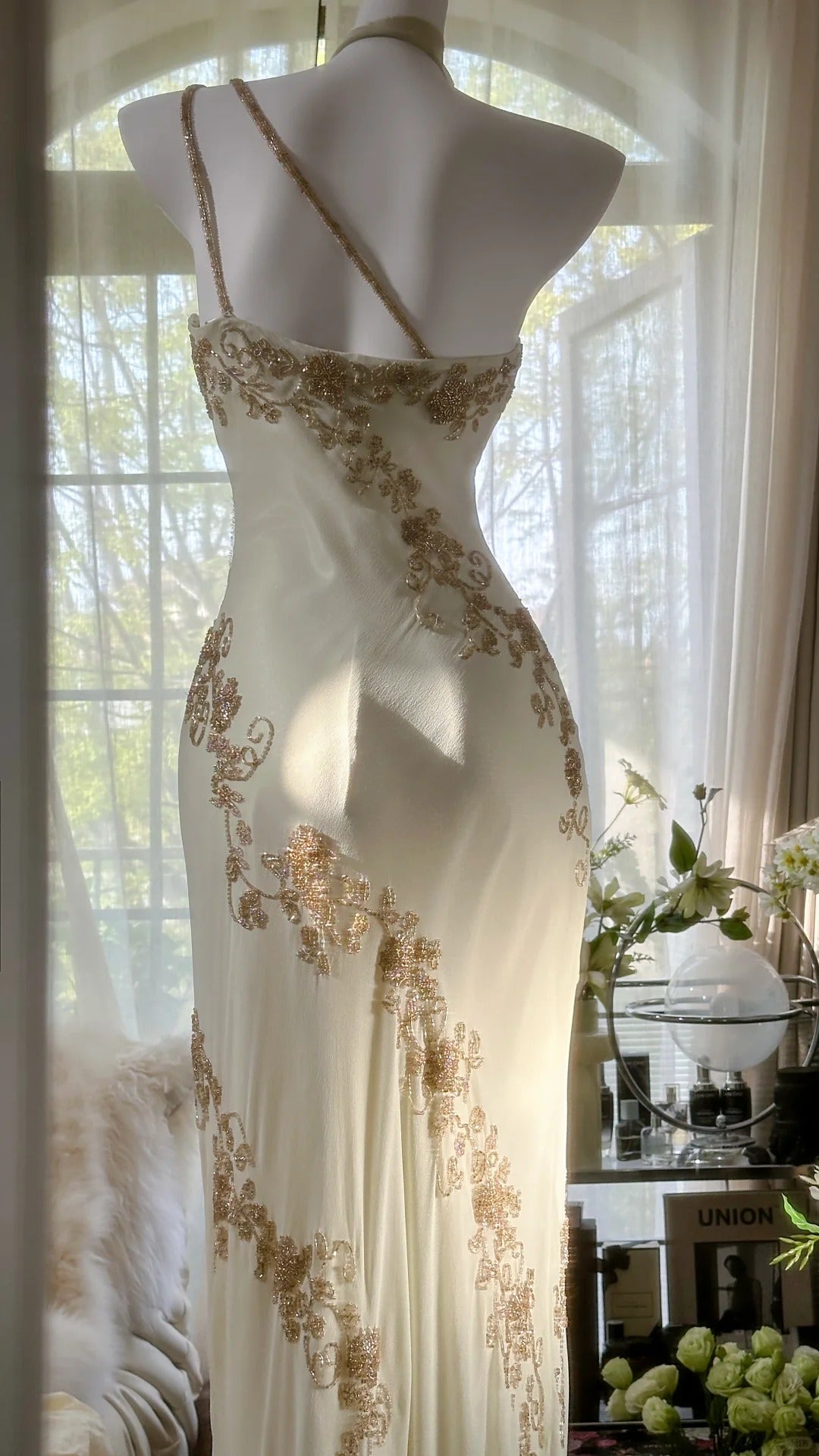 Ivory/Green Vintage Fashion One Shoulder Exquisite Beaded Long Chiffon Ball Gown Birthday Party Dress Cocktail Party Dress Evening Dress Prom Dress gh3971