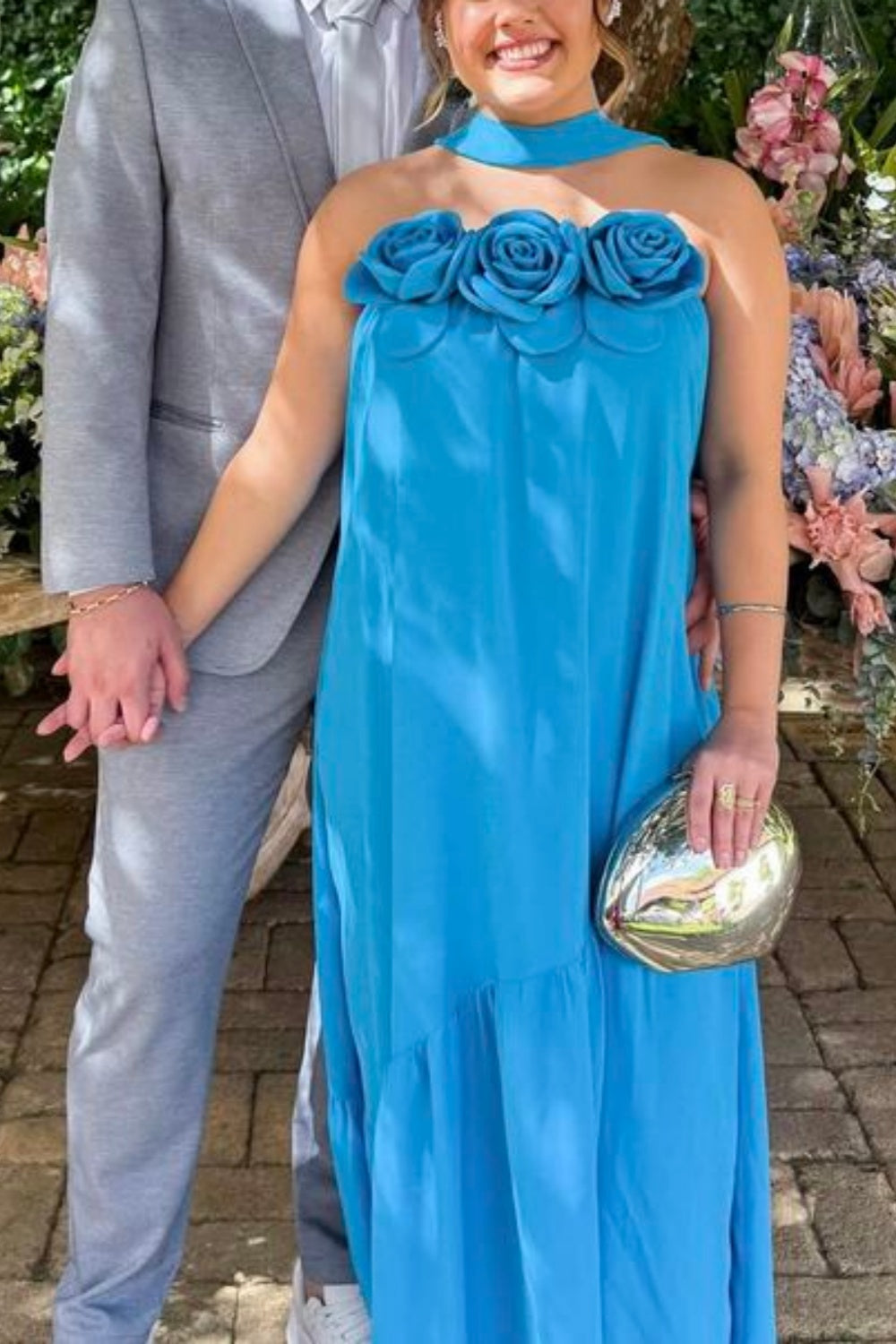 girlhomeshops-Blaues Blumenmuster, schlicht, stilvoll, lang, Chiffon, für Hochzeitsgäste, Ballkleid, gh5921