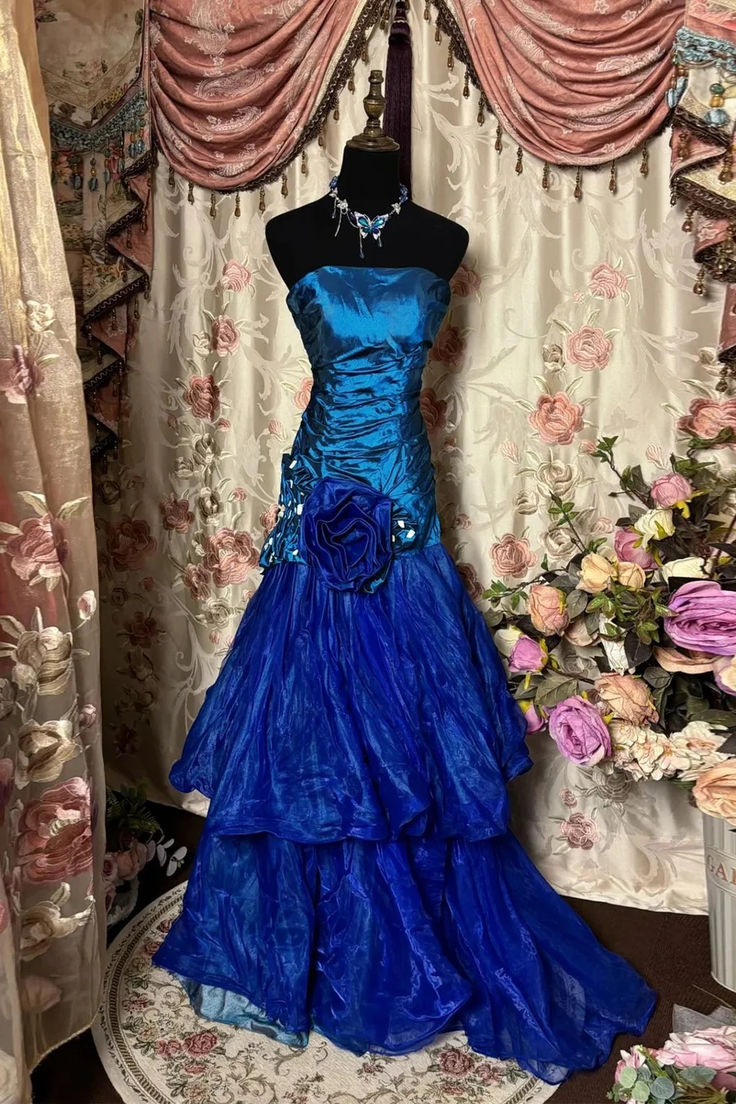 Robe de soirée longue en satin bleu à fleurs, coupe trapèze, gh4756