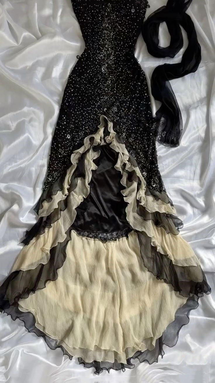 Robe de bal longue noire élégante en tulle à volants et paillettes, robe de soirée gh3141