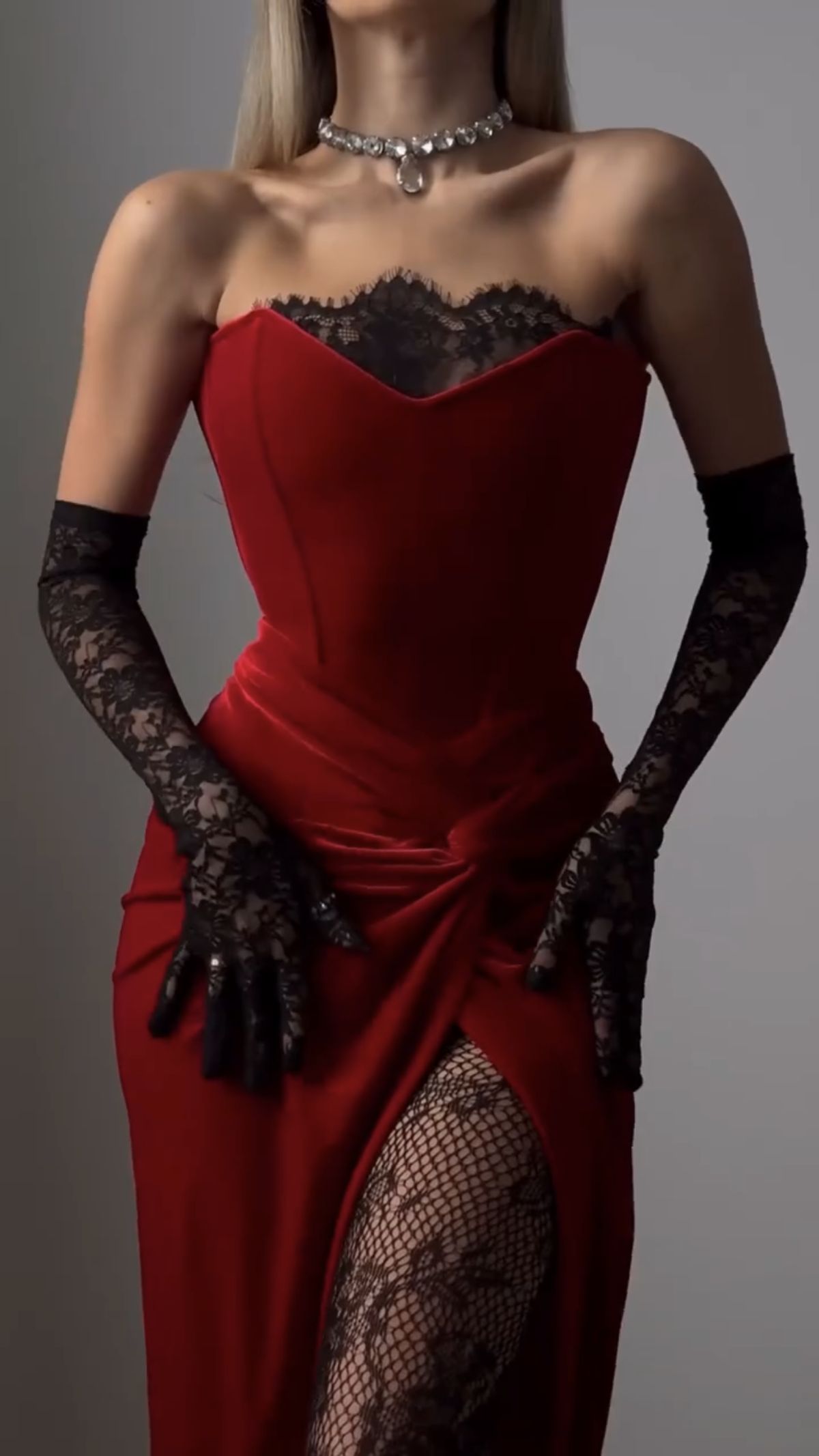 girlhomeshops-Sexy Red Lace Slit Dress gh6225