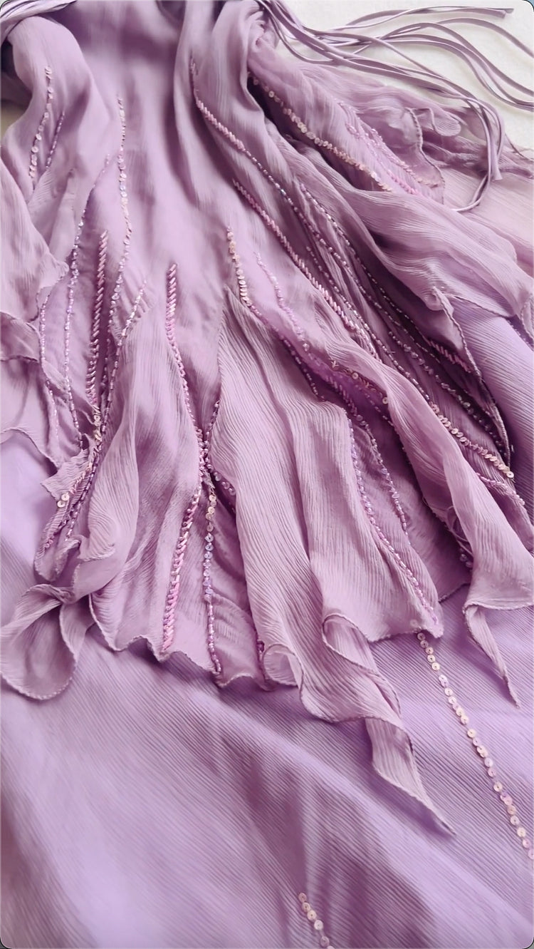 Robe de soirée longue en mousseline de soie, violette, élégante, décolleté en cœur, bretelles perlées, robe de bal, gh3822