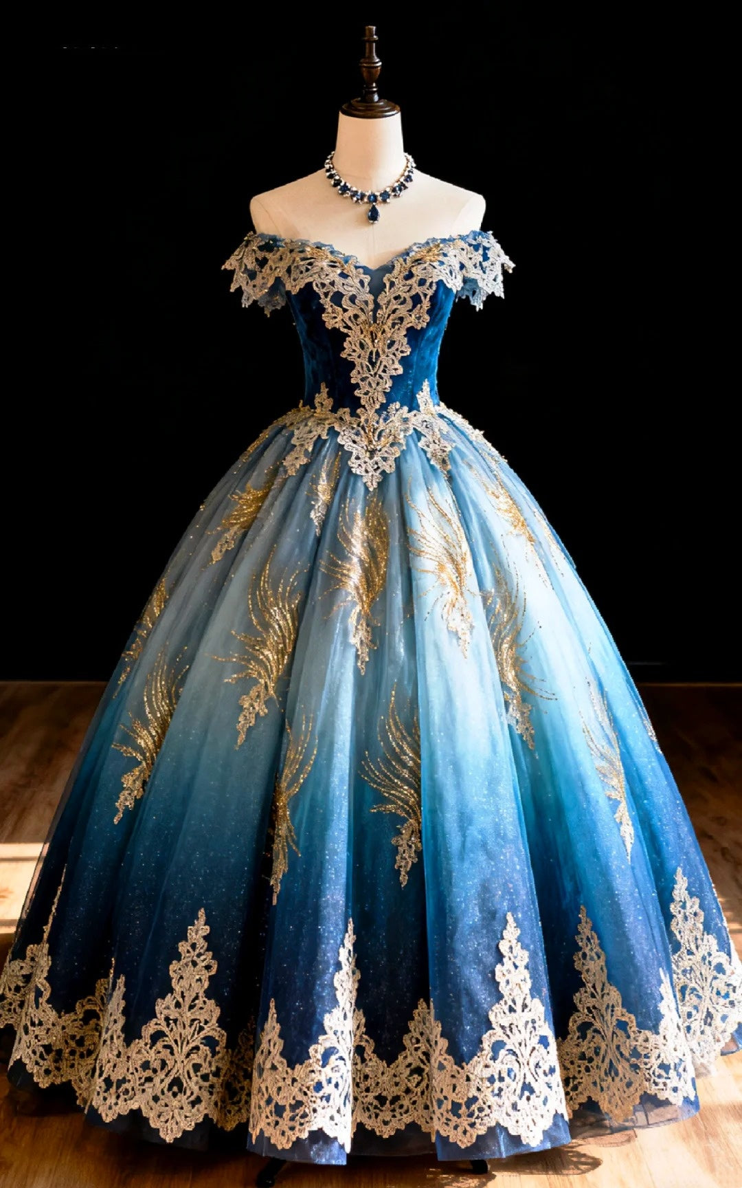 girlhomeshops-Blue Vintage Lace Long Tulle Ball Gown gh6239