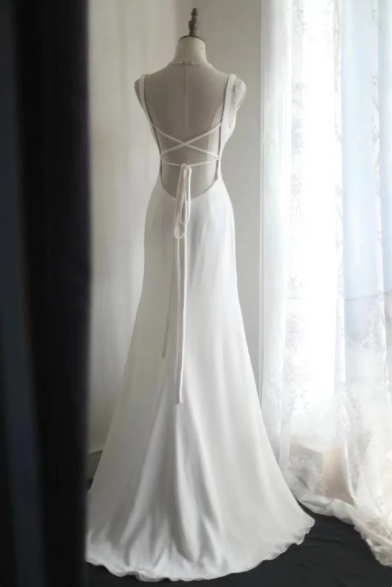 Girlhomeshops - Robe de mariée sirène blanche sans manches en mousseline de soie, coupe ajustée et minimaliste, longueur au sol (gh5831)