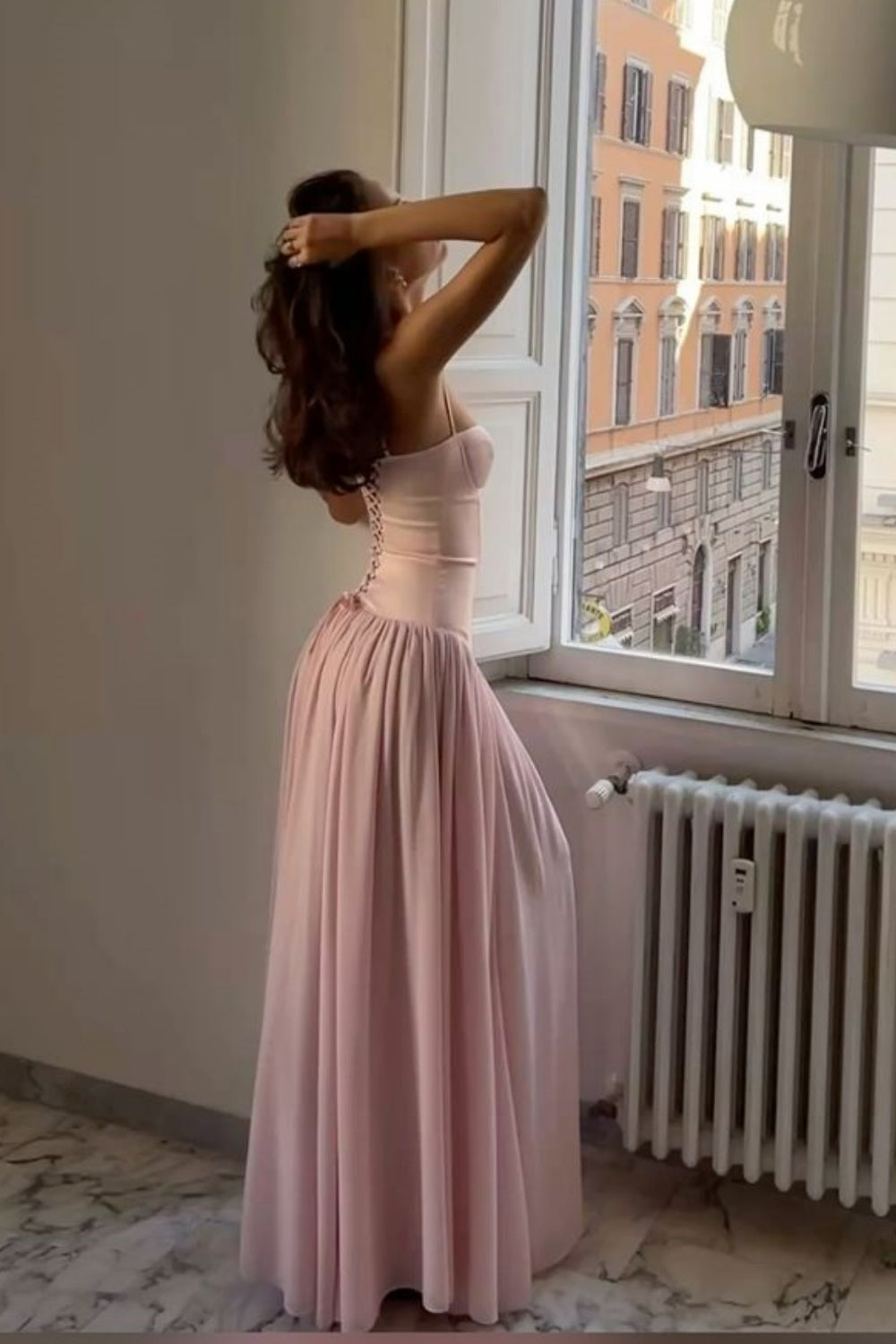 girlhomeshops-Rosa Spaghettiträger enges langes Ballkleid Brautjungfernkleid gh5773