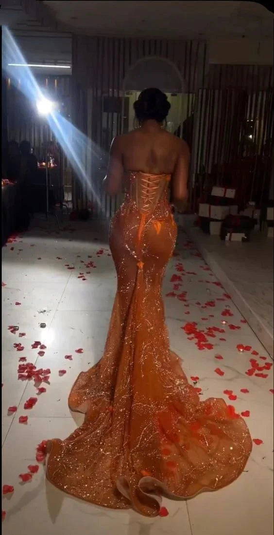 Orange Luxury Shiny Beaded V Neck Sexy Elegant Mermaid Slim Fit Long Floor Length Train Ball Gown Evening Gown Party Dress Prom Dress gh3660