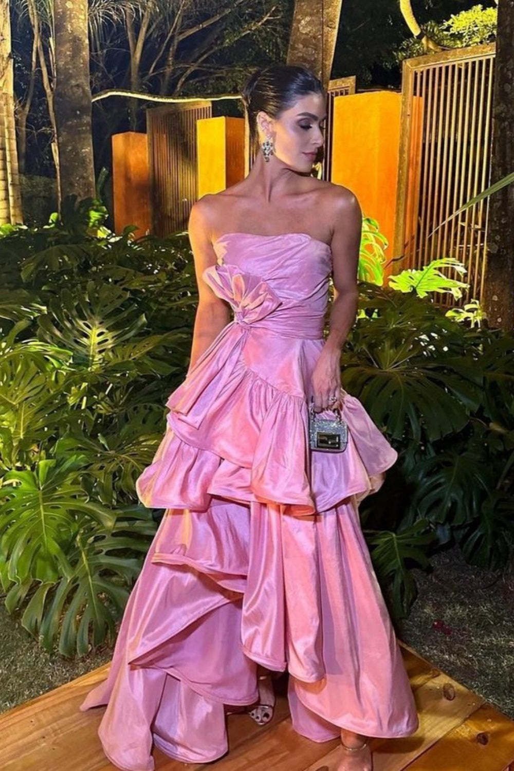 Pink Tube Top Fashion Elegant Layered Long Satin Ball Gown Evening Dress Party Dress gh3110