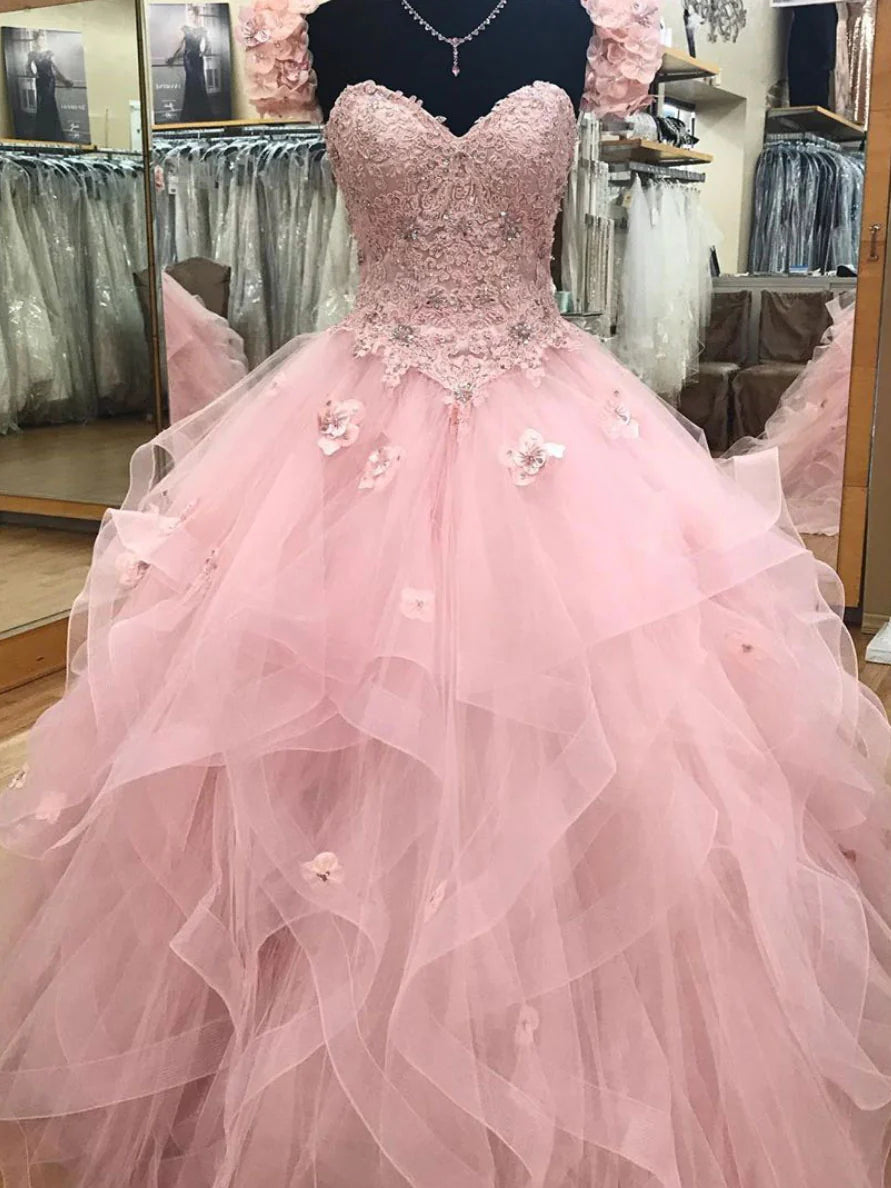 Robe de soirée en tulle rose magnifique et douce en forme de cœur, en dentelle florale exquise, longue, princesse, robe de cérémonie pour adulte de 16 ans, gh905