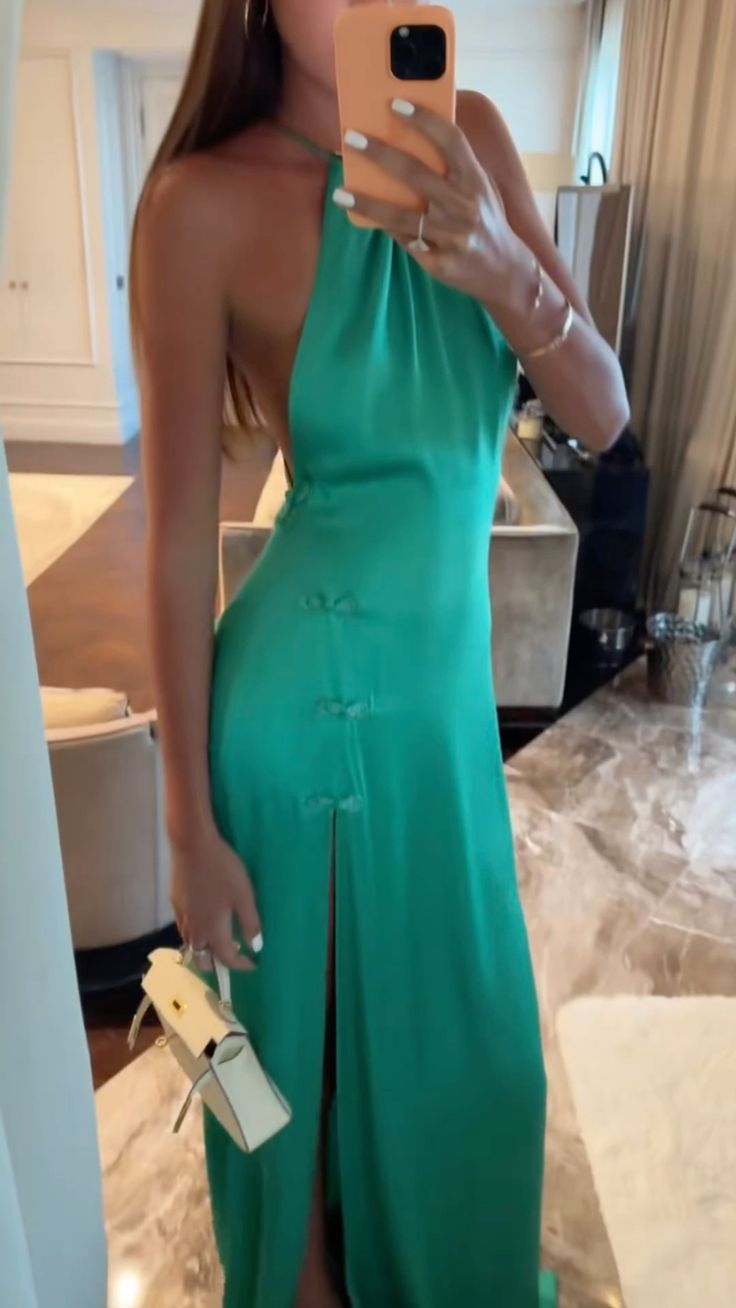 Green simple elegant fashion suspenders long satin slit sexy ball gown evening dress gh3366
