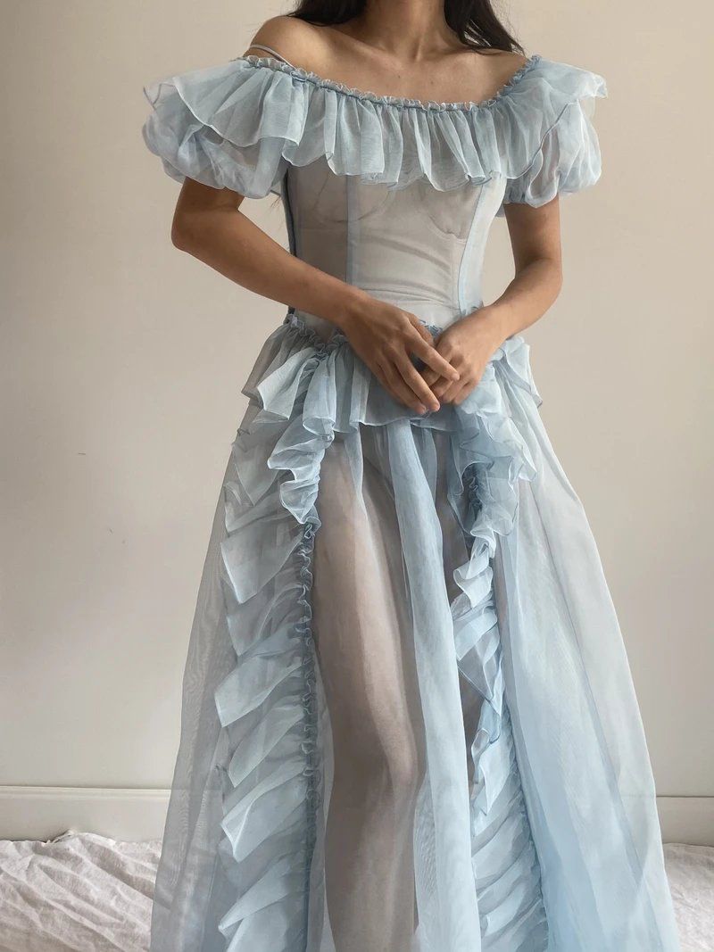 Girlhomeshops-Blue tulle vintage long prom dress evening dress gh5316