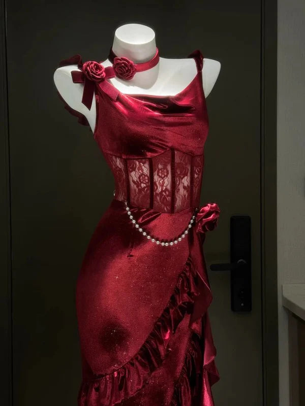 Girlhomeshops – Burgunderrot, sexy, figurbetontes Neckholder-Kleid, mehrlagig, Satin, Schlitz, Ballkleid, Partykleid, gh5450